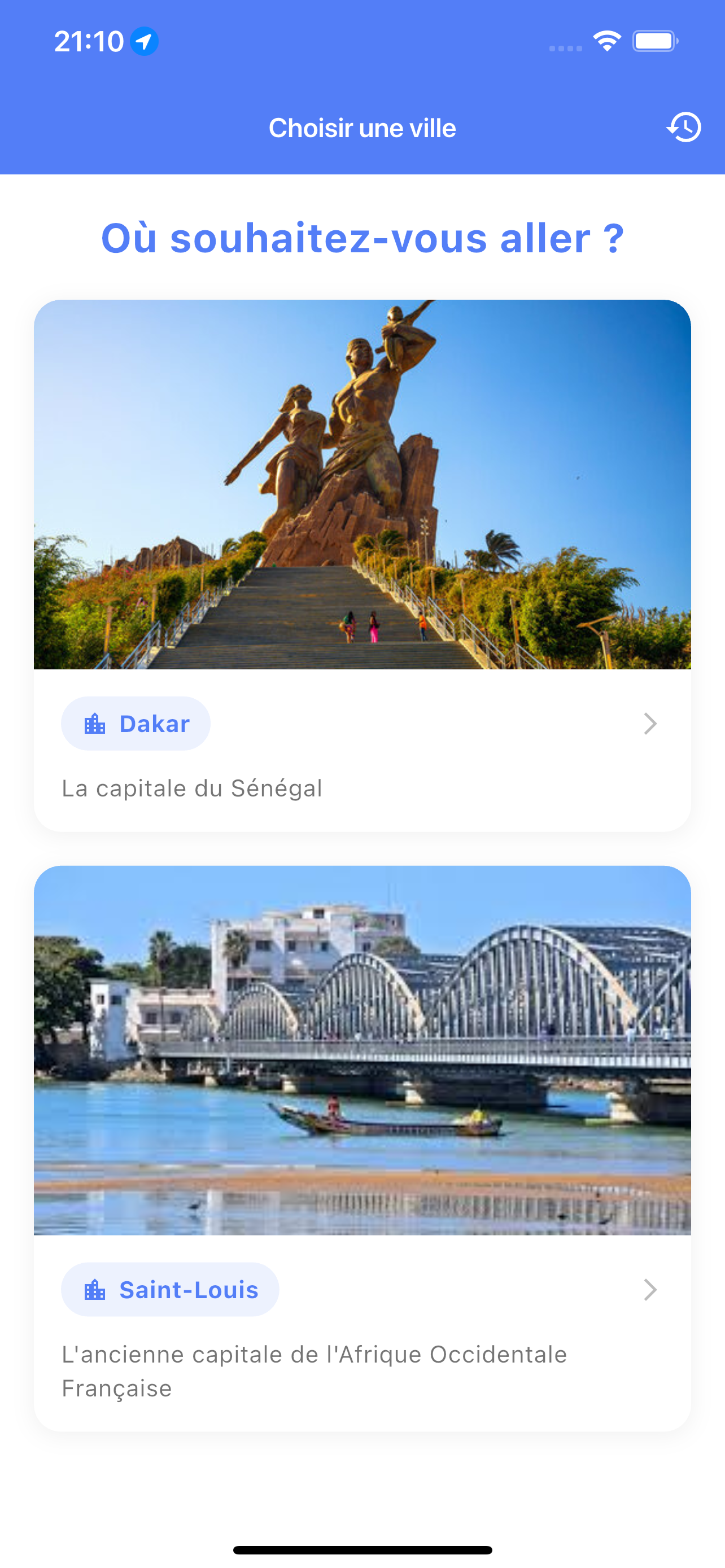 Écran de sélection d'une destination dans l'application Allo-Taxi